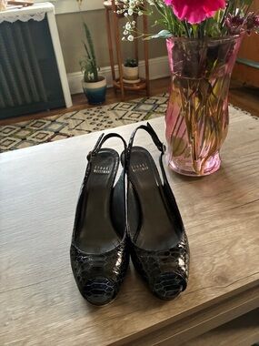 Stuart Weitzman Black Patent Snakeskin Slingback Heels
